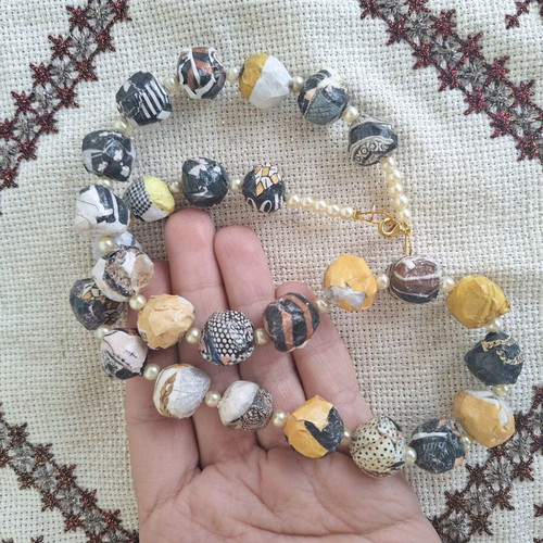 Papier-mâché necklace handmade made to order, yellow and black and white