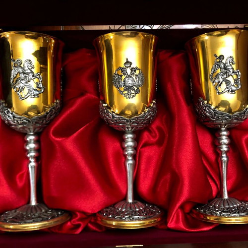 Russian handmade brass wine goblets in velvet case like new