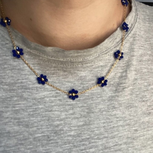Necklace stainless steel with blue flowers 50cm new