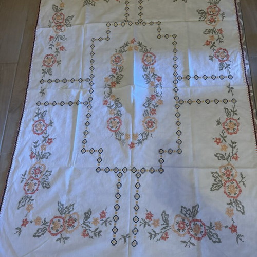 Handmade embroidered tablecloth with lace edging like new