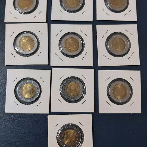 Italy 500L coins like new, pack of 10 in their cardboard holders