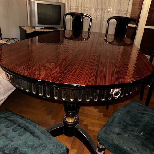 Solid wood carved dining table with 6 chairs, vintage