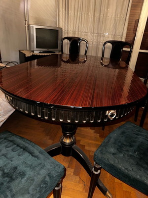 Solid wood carved dining table with 6 chairs, vintage