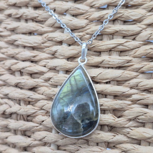 Labradorite Teardrop Necklace Silver 925 with Steel Chain new