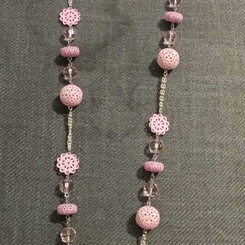 Long women's necklace with pink pierced beads and crystals, new