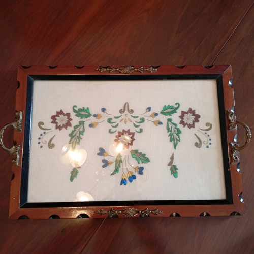 Embroidered tray used with wooden frame and copper handles