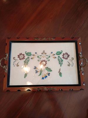 Embroidered tray used with wooden frame and copper handles