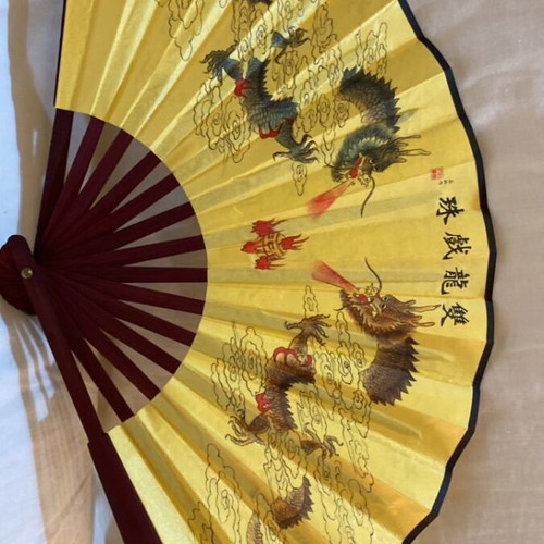 Vintage Asian Art Set with 47cm Fan, Jewelry Box & 5 Bamboo Coasters