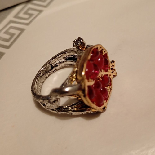Pomegranate Ring new, silver and gold plated with red zircon