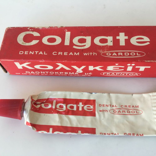 Old packaging of Kolynos, Colgate, Oulodent personal care items