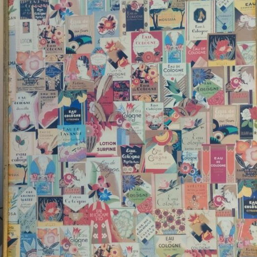 Vintage collage painting used, 70x50 cm, Eau de cologne labels
