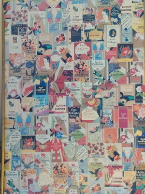 Vintage collage painting used, 70x50 cm, Eau de cologne labels