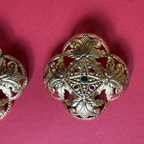 Vintage statement clip-on earrings set of 4, gold tone and crystals