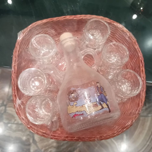 Rakomkanataki set with 6 glasses and basket, new