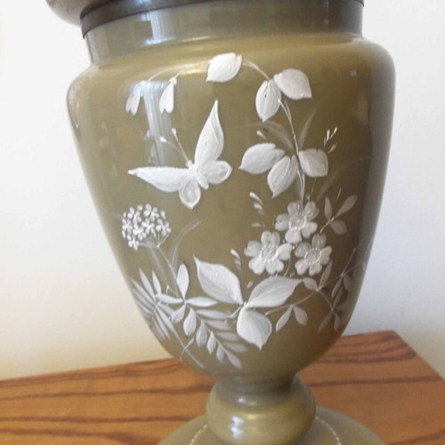 Oil lamp opaline with hand painting, used, 33 cm height