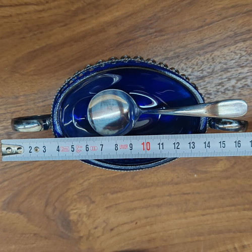 Set of blue blown glass jug and silver-plated fondue pot like new