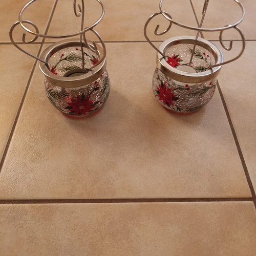 Decorative tealight candle holders like new with Christmas designs, metal base, set of 2