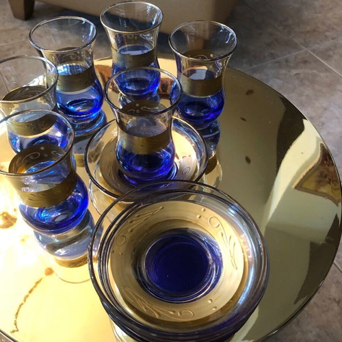 Tea glasses new, set of 6 blue with gold