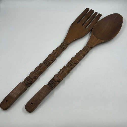 Vintage wooden decorative Tiki fork and spoon set used, tribal style
