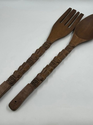 Vintage wooden decorative Tiki fork and spoon set used, tribal style
