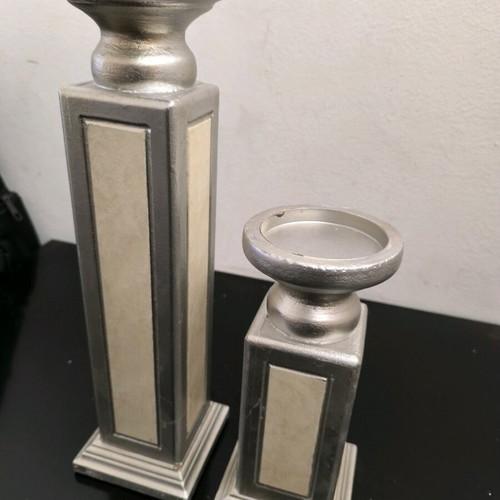 Wooden candlesticks like new, gray and beige color, set of 2