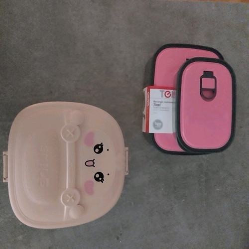 Food containers 2 stainless steel and one plastic with divider new, pink