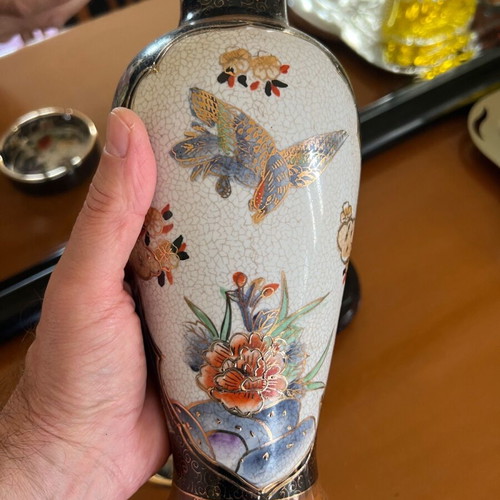 Royal Satsuma porcelain vase used with ashtray and wooden base