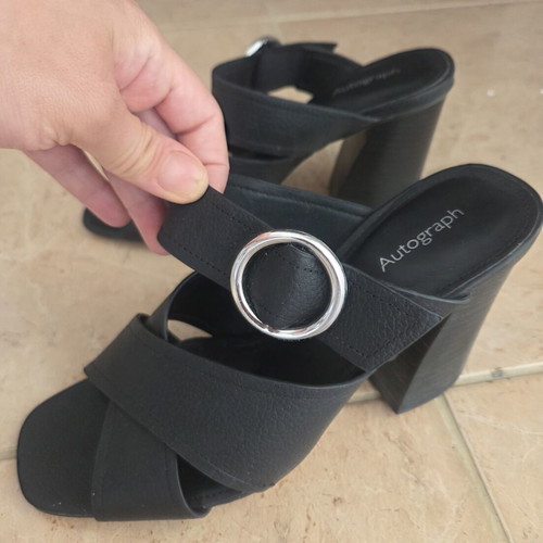 Autograph Black Leather Mules Block Heel Cross Strap Sandals