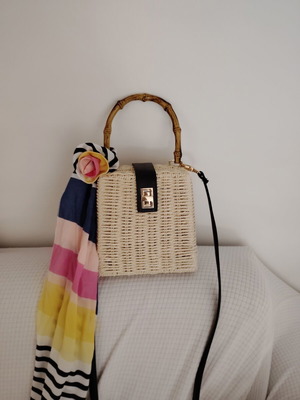 Straw bag with decorative scarf and crossbody strap, like new, beige
