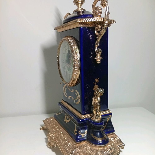 Vintage style brass and cobalt porcelain table clock