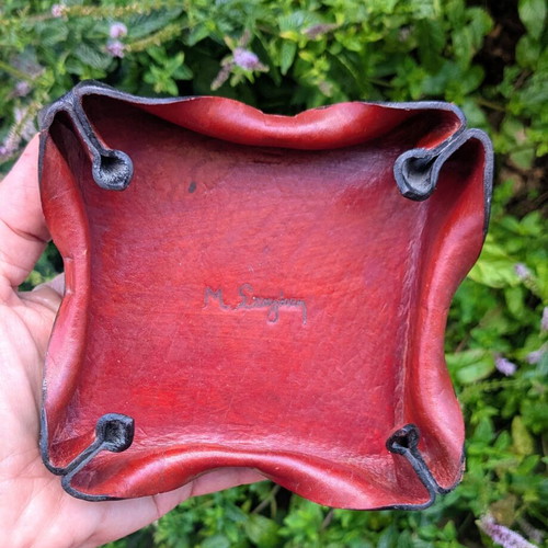 Vintage handmade leather catchall tray by M. Stagaki, 1984