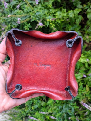 Vintage handmade leather catchall tray by M. Stagaki, 1984