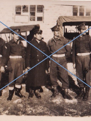 Black and white photo used, group of soldiers with military vehicles 6x8.5 cm