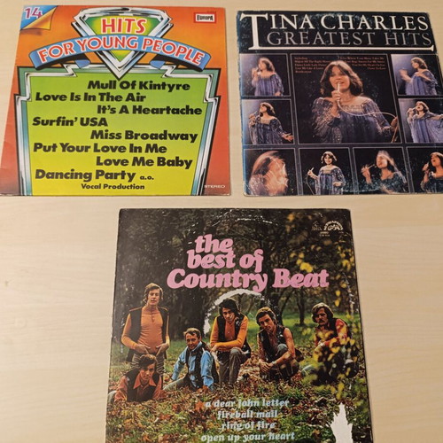 Set of 3 used vinyl records with Tina Charles, Country Beat & Young People Hits