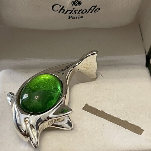 Christofle dolphin brooch with green stone