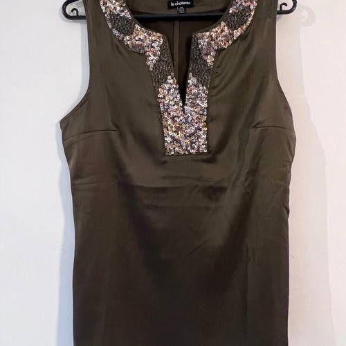 Le Chateau sleeveless satin top with sequins, olive