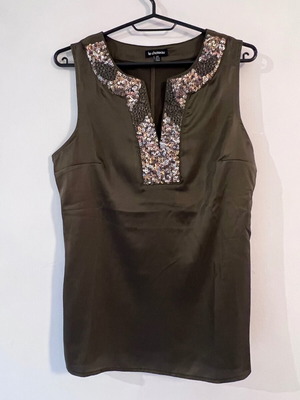 Le Chateau sleeveless satin top with sequins, olive