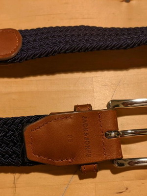 Woven belt dark blue like new with tan details and metal buckle adjustable