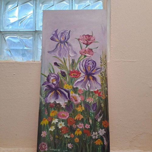 Oil painting canvas 30x65 cm used, lawn with flowers