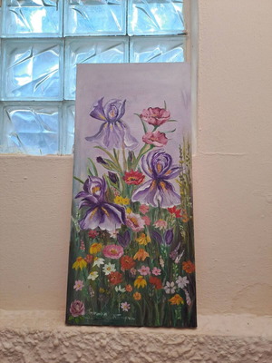 Oil painting canvas 30x65 cm used, lawn with flowers