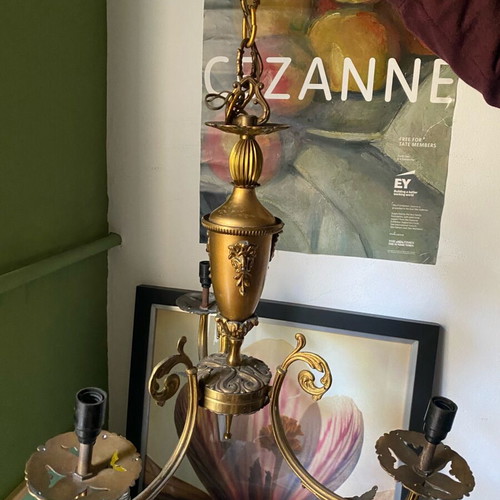 Vintage Italian chandelier used brass lighting fixture with gold color