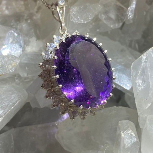 Silver pendant with large cut natural amethyst stone and moissanites, new