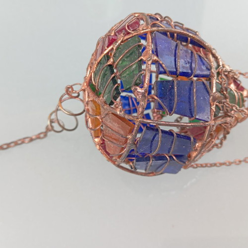 Handmade hot air balloon pendant with copper and glass used