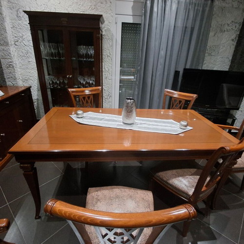 Buffet with mirror, display cabinet and dining table with 6 chairs, cherry wood satin finish, like new