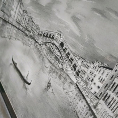 Venice picture handmade, pencil and charcoal artwork with frame new