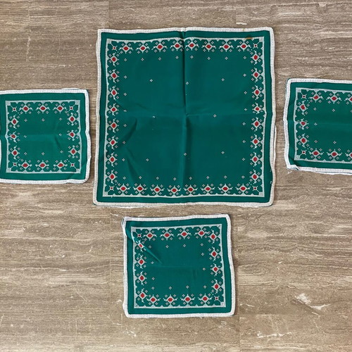 Vintage embroidery set used, green canvas square with three napkins