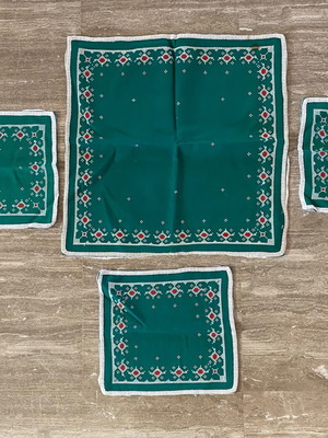 Vintage embroidery set used, green canvas square with three napkins