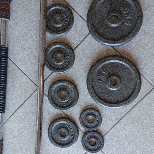Barbell and weights set, 10 kg bar, various weight plates