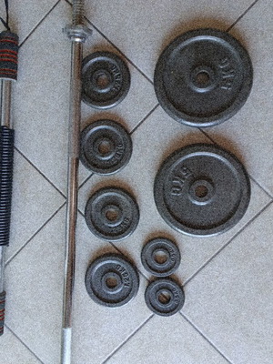Barbell and weights set, 10 kg bar, various weight plates