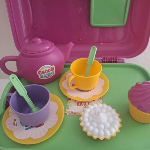 Toy Kitchen Set like new with tea set luggage and utensils